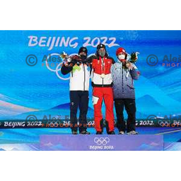 Tim Mastnak of Slovenia, Olympic Silver medalist, Benjamin Karl (AUT) gold medalist and Vic Wild (ROC) bronze medalsit in Snowboard Parallel Giant Slalom in Zhangjiakou Genting Snow Park, Beijing 2022 Winter Olympic Games, China on February 8, 2022