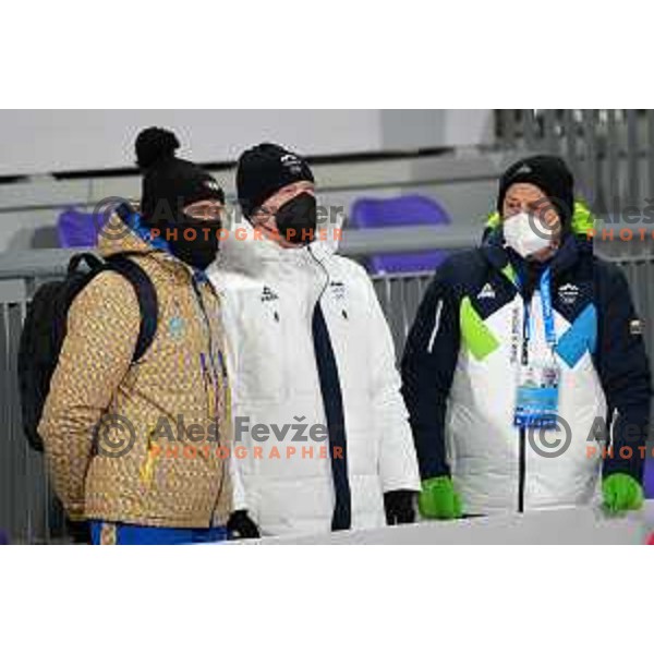 Sergey Bubka, Gregor Bencina and Bogdan Gabrovec watching Women\'s Cross-Country Sprint Free at Beijing 2022 Winter Olympic Games, China on February 8, 2022