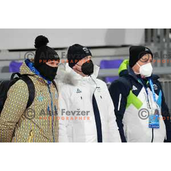 Sergey Bubka, Gregor Bencina and Bogdan Gabrovec watching Women\'s Cross-Country Sprint Free at Beijing 2022 Winter Olympic Games, China on February 8, 2022