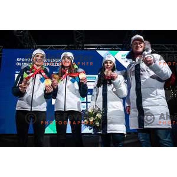 Nika Kriznar, Ursa Bogataj, Gloria Kotnik and Tim Mastnak at Olympic medalists reception held by Olympic Committee of Slovenia in Kranjska Gora, Slovenia on February 12, 2022