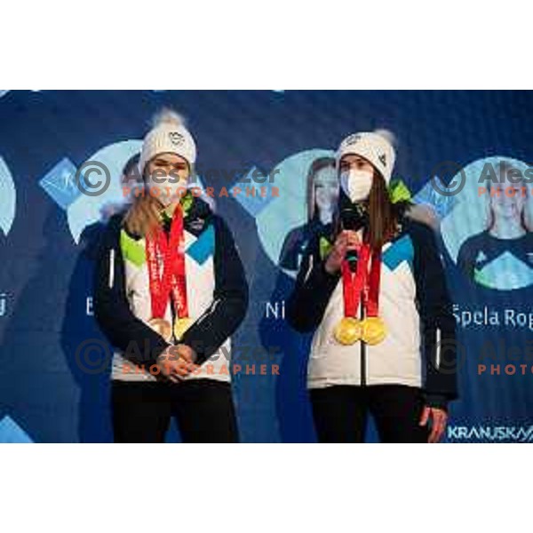 Nika Kriznar and Ursa Bogataj at Olympic medalists reception held by Olympic Committee of Slovenia in Kranjska Gora, Slovenia on February 12, 2022
