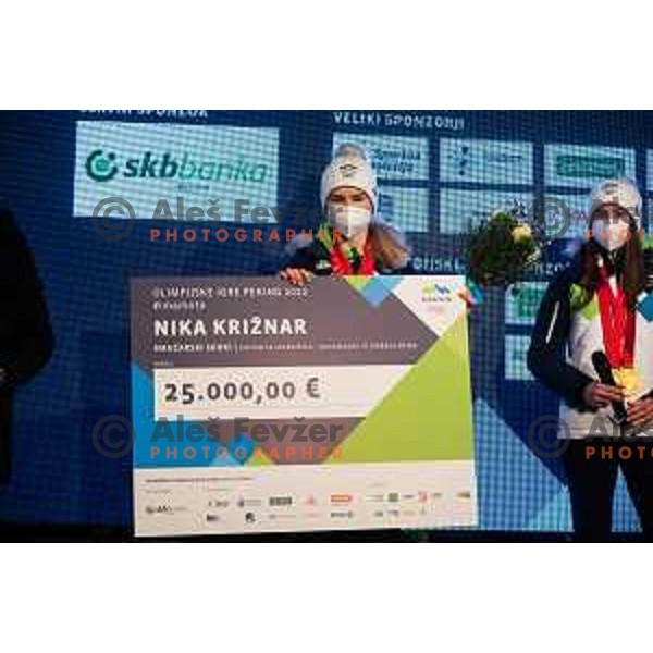 Nika Kriznar at Olympic medalists reception held by Olympic Committee of Slovenia in Kranjska Gora, Slovenia on February 12, 2022