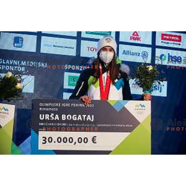 Ursa Bogataj at Olympic medalists reception held by Olympic Committee of Slovenia in Kranjska Gora, Slovenia on February 12, 2022