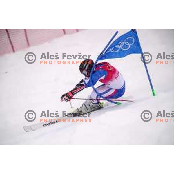 Mathieu Faivre (FRA) skiing in the first run of Men\'s Giant slalom in Yanging National Alpine Centre, Beijing 2022 Winter Olympic Games, China on February 13, 2022