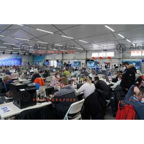 Journalists working in press centre during weather delay at Men\'s Giant slalom in Yanging National Alpine Centre, Beijing 2022 Winter Olympic Games, China on February 13, 2022