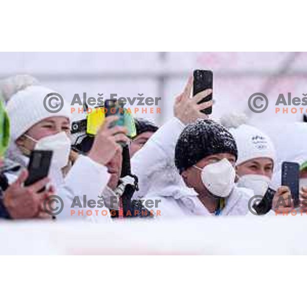 Ana Bucik cheering in Men\'s Giant slalom in Yanging National Alpine Centre, Beijing 2022 Winter Olympic Games, China on February 13, 2022