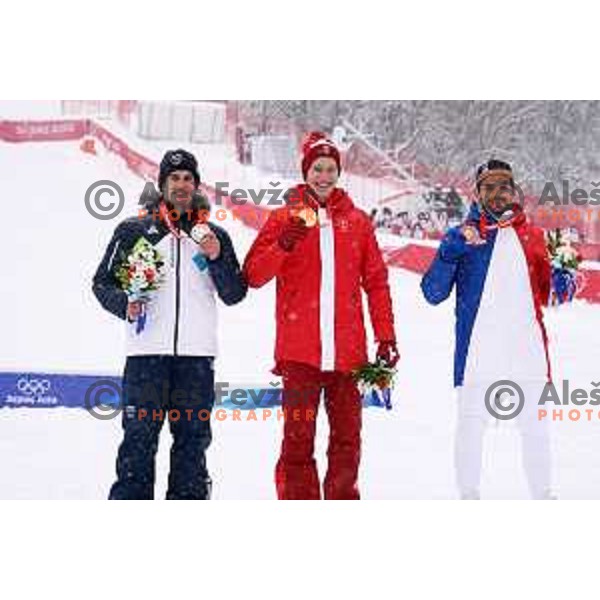 Zan Kranjec (SLO), Marco Odermatt (SUI) and Mathieu Faivre (FRA) Olympic medalists in Men\'s Giant slalom in Yanging National Alpine Centre, Beijing 2022 Winter Olympic Games, China on February 13, 2022 