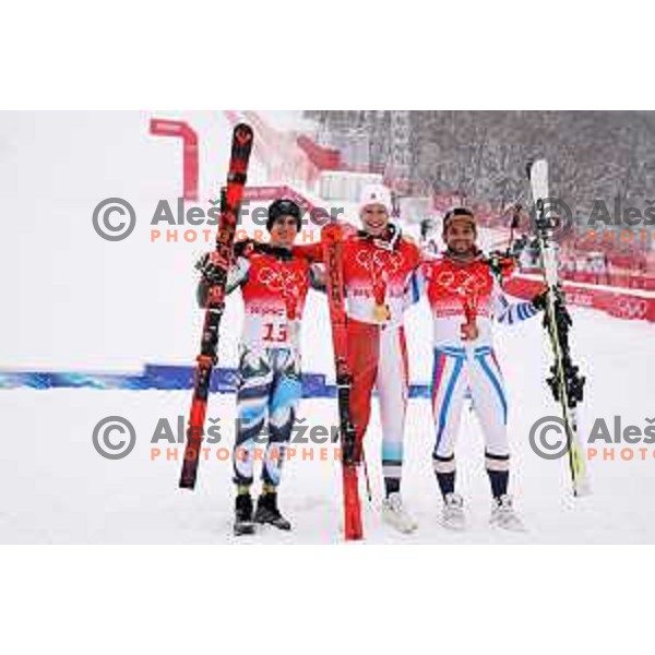 Zan Kranjec (SLO), Marco Odermatt (SUI) and Mathieu Faivre (FRA) Olympic medalists in Men\'s Giant slalom in Yanging National Alpine Centre, Beijing 2022 Winter Olympic Games, China on February 13, 2022