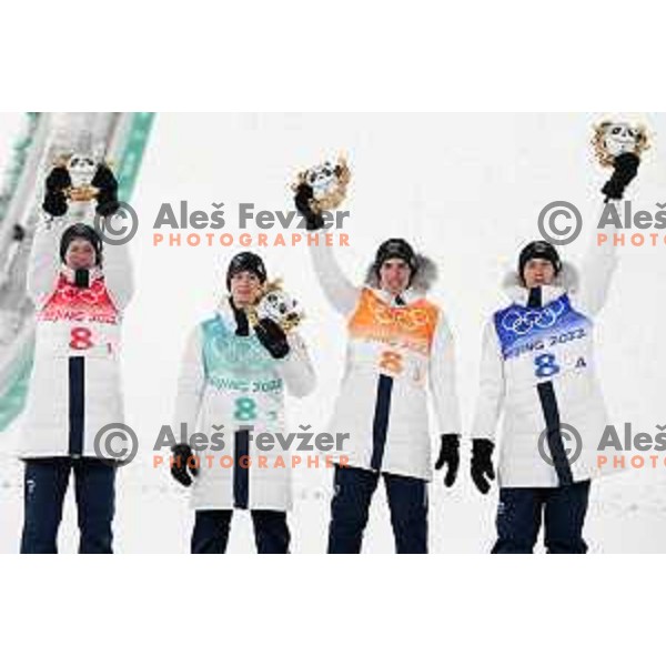 Lovro Kos, Cene Prevc, Timi Zajc, Peter Prevc of Slovenia celebrate silver medal at Ski Jumping Men’s Team Competition in Zhangjiakou venue of Beijing 2022 Winter Olympic Games, China on February 14, 2022