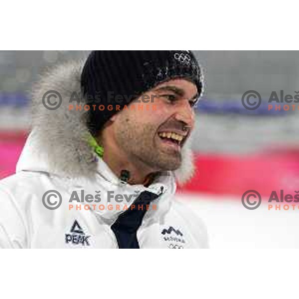 Robert Hrgota , head coach of Slovenia celebrates silver medal at Ski Jumping Men’s Team Competition in Zhangjiakou venue of Beijing 2022 Winter Olympic Games, China on February 14, 2022