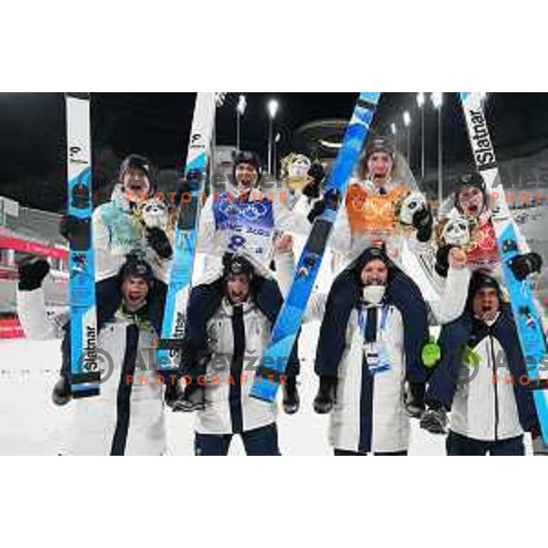 Cene Prevc, Peter Prevc, Timi Zajc, Lovro Kos of Slovenia celebrate silver medal at Ski Jumping Men’s Team Competition in Zhangjiakou venue of Beijing 2022 Winter Olympic Games, China on February 14, 2022