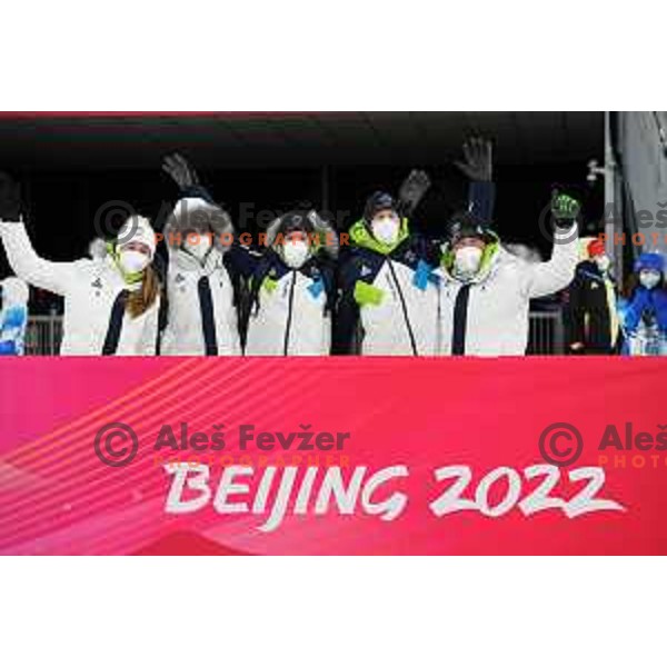 Janez Ozbolt and Biathlon team cheering at Ski Jumping Men’s Team Competition in Zhangjiakou venue of Beijing 2022 Winter Olympic Games, China on February 14, 2022
