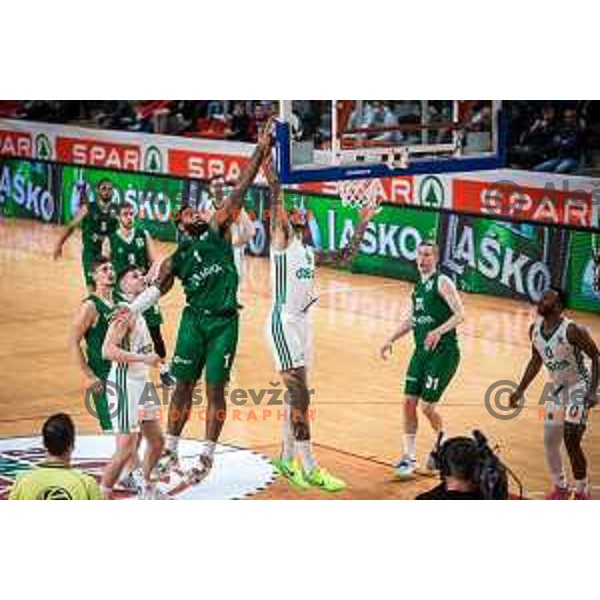 Hasahn French and Zach Auguste in action during semi-final of Spar Cup basketball match between Cedevita Olimpija and Krka in Kodeljevo Hall, Ljubljana, Slovenia on February 17, 2022