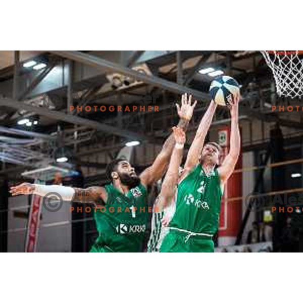 Hasahn French and Luka Lapornik in action during semi-final of Spar Cup basketball match between Cedevita Olimpija and Krka in Kodeljevo Hall, Ljubljana, Slovenia on February 17, 2022
