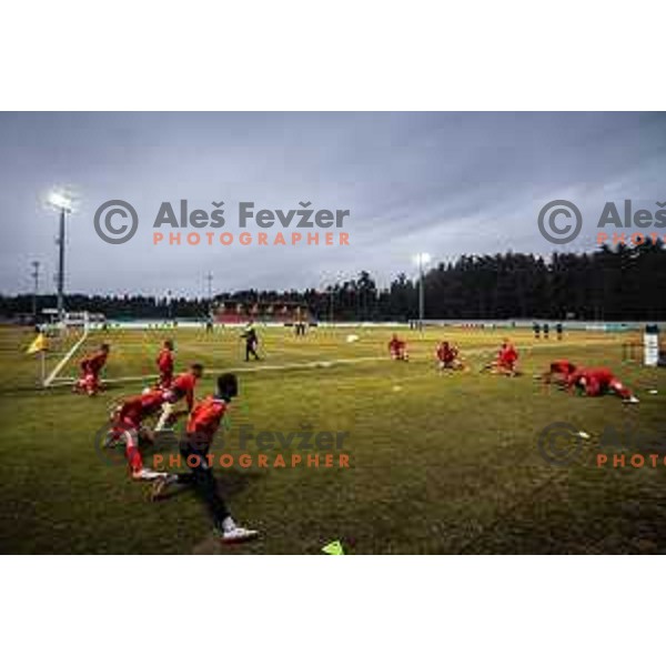 Players of Aluminij warming up prior to Prva liga Telemach football match between Aluminij and Mura in Sportni park Kidricevo, Slovenia, on February 19, 2022. Photo: Jure Banfi/www.alesfevzer.com