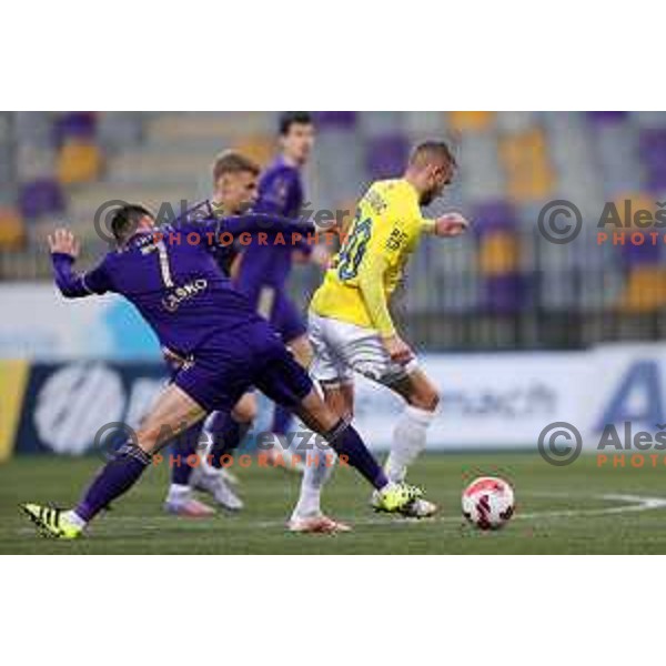Rok Kronaveter and Almin Kurtovic in action during Prva Liga Telemach 2021-2022 football match between Maribor and Bravo in Maribor , Slovenia on March 6, 2022