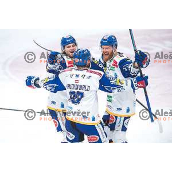 VSV players celebrate goal during quarter-final of IceHL between SZ Olimpija and VSV in Ljubljana, Slovenia on March 11, 2022