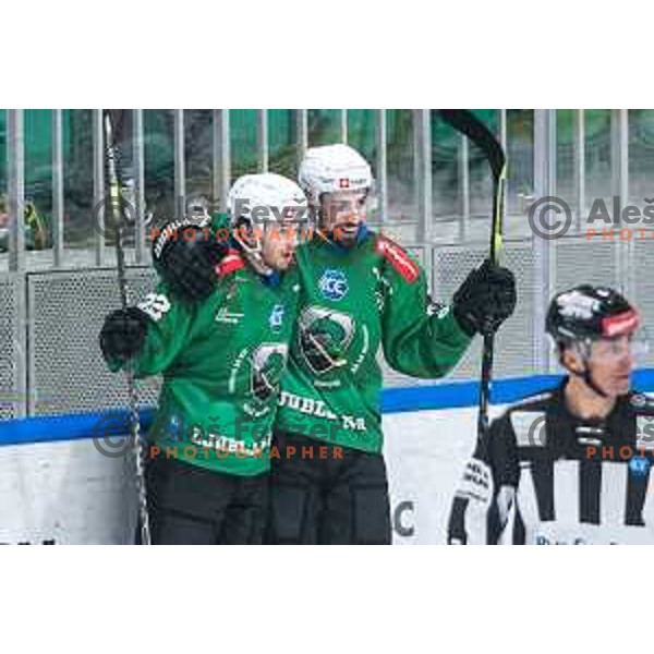 Guillaume Leclerc and Nik Simsic of SZ Olimpija in action during quarter-final of IceHL between SZ Olimpija and VSV in Ljubljana, Slovenia on March 11, 2022