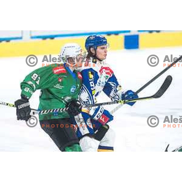 Tadej Cimzar in action during quarter-final of IceHL between SZ Olimpija and VSV in Ljubljana, Slovenia on March 11, 2022