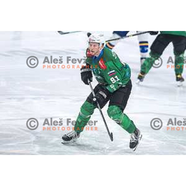 Tadej Cimzar in action during quarter-final of IceHL between SZ Olimpija and VSV in Ljubljana, Slovenia on March 11, 2022