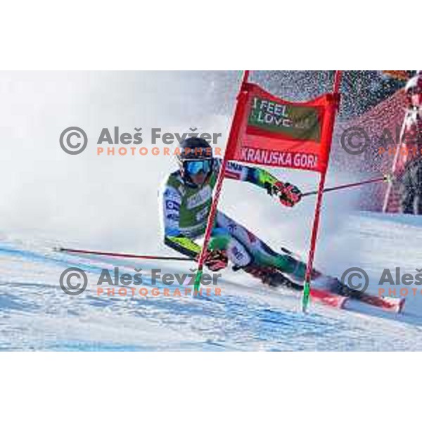 Zan Kranjec (SLO) skiing in the first run of AUDI FIS Ski World Cup Giant Slalom for 61.Vitranc Cup in Kranjska gora, Slovenia on March 12, 2022