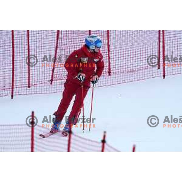Skiing in the first run of AUDI FIS Ski World Cup Giant Slalom for 61.Vitranc Cup in Kranjska gora, Slovenia on March 12, 2022