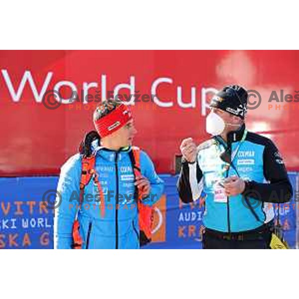 Zan Kranjec and coach Klemen Bergant at AUDI FIS Ski World Cup Giant Slalom for 61.Vitranc Cup in Kranjska gora, Slovenia on March 12, 2022
