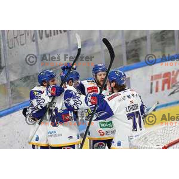 Players of VSV celebrate goal during IceHL quarter-final match between SZ Olimpija and VSV in Ljubljana, Slovenia on March 15, 2022
