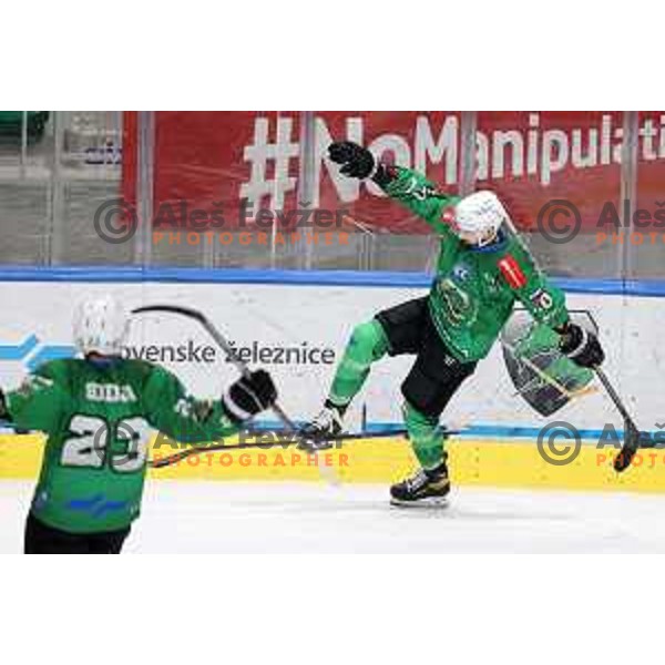 Gregor Koblar celebrates goal during IceHL quarter-final match between SZ Olimpija and VSV in Ljubljana, Slovenia on March 15, 2022