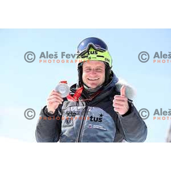 Tim Mastnak of Slovenia, Olympic Silver medalist in Snowboard Parallel Giant Slalom from Beijing 2022 Winter Olympic Games at photo shooting on March 16, 2022