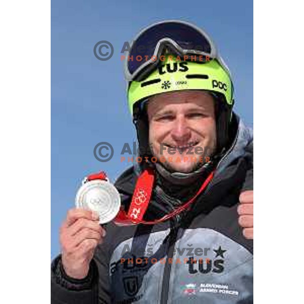 Tim Mastnak of Slovenia, Olympic Silver medalist in Snowboard Parallel Giant Slalom from Beijing 2022 Winter Olympic Games at photo shooting on March 16, 2022