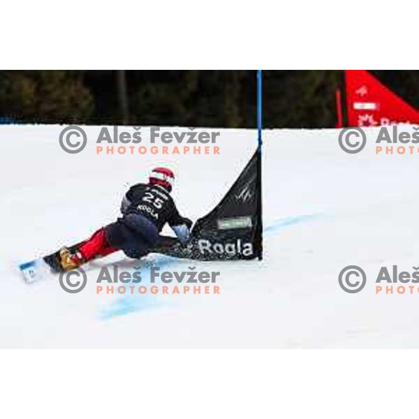Zan Kosir (SLO) competes at FIS Snowboard World Cup Parallel Giant Slalom at Rogla Ski resort, Slovenia on March 16, 2022