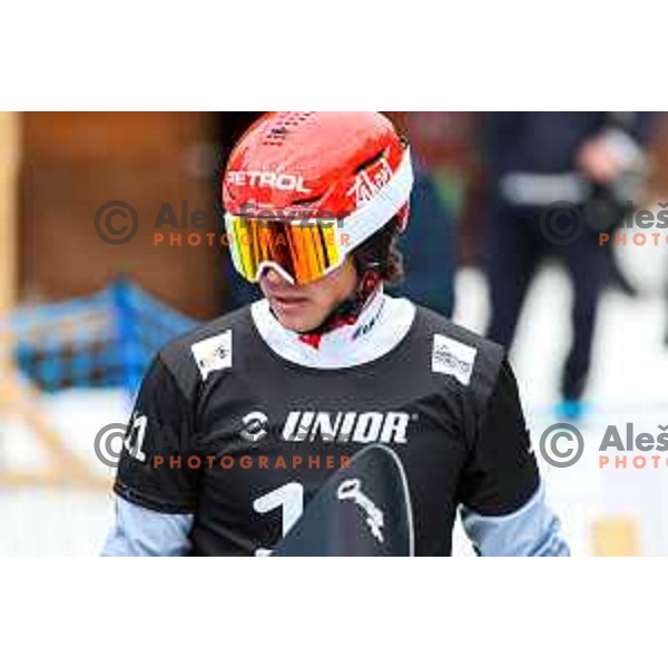 Zan Kosir (SLO) competes at FIS Snowboard World Cup Parallel Giant Slalom at Rogla Ski resort, Slovenia on March 16, 2022