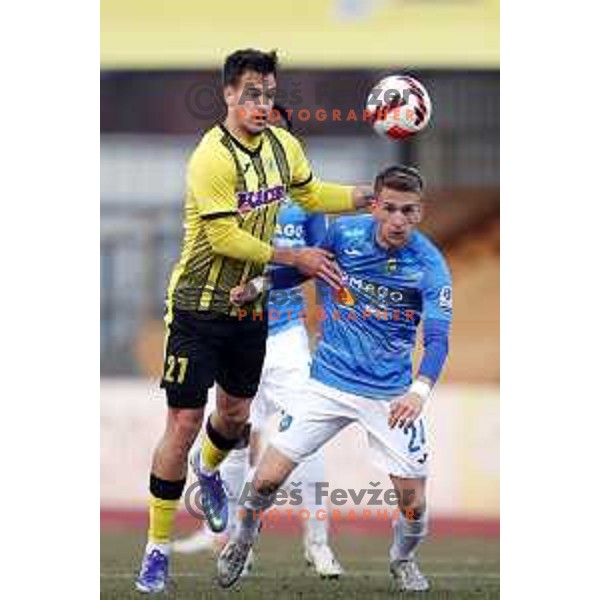 Ivan Calusic and Amar Memic in action during Prva Liga Telemach 2021-2022 football match between Kalcer Radomlje and Bravo in Domzale, Slovenia on March 18, 2022