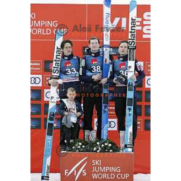Peter Prevc, Ziga Jelar, winner of FIS Ski-jumping World Cup Final and Anze Lanisek in Planica, Slovenia on March 25, 2022