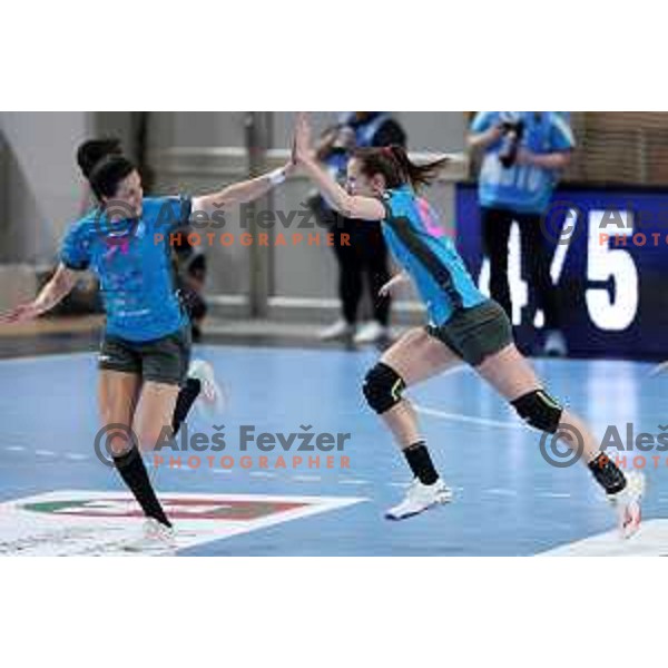 Andrea Lekic and Ana Gros in action during EHF Champions League Women 2021-2022 handball match between Krim Mercator (SLO) and FTC Rail-Cargo Hungaria in Ljubljana, Slovenia on March 26, 2022