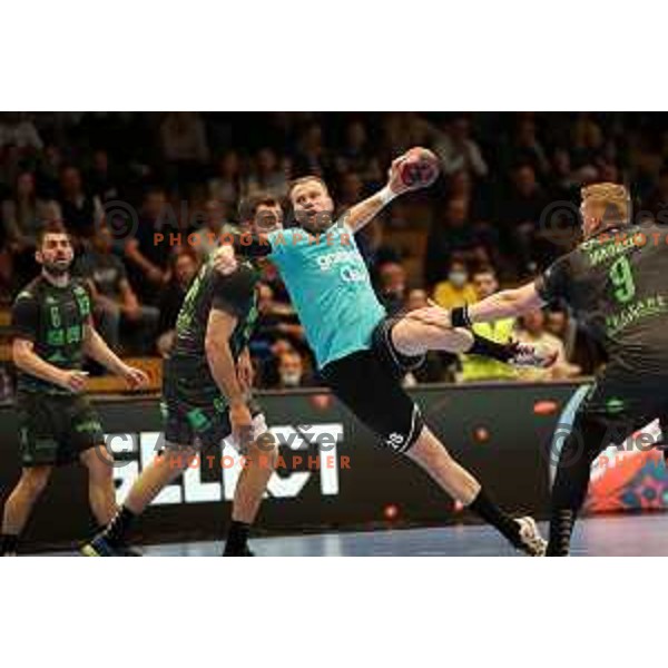 Timotej Grmsek in action during eight-final of EHF Cup handball match between Gorenje Velenje (SLO) and USAM Nimes Gard (FRA) in Red Hall, Velenje, Slovenia on March 29, 2022 
