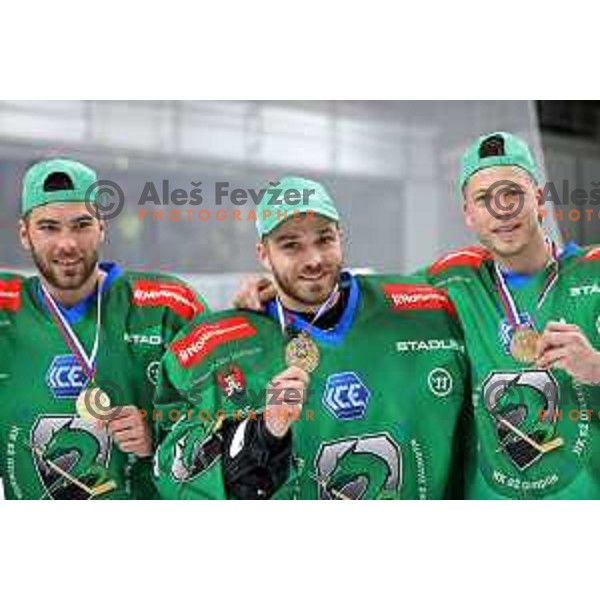Zan Jezeovsek, Zan Us and Tadej Cimzar of SZ Olimpija celebrate Slovenian National ice-hockey title in Ljubljana, Slovenia on April 5, 2022