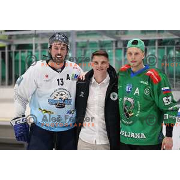 Mihael Potocnik ( Triglav) and Tadej Cimzar (SZ Olimpija) during Final of Slovenian National ice-hockey Championship in Ljubljana, Slovenia on April 5, 2022