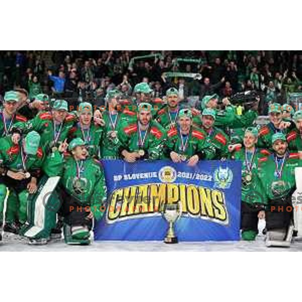 Players of SZ Olimpija celebrate Slovenian National ice-hockey title in Ljubljana, Slovenia on April 5, 2022