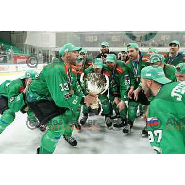 Ziga Pance and players of SZ Olimpija celebrate Slovenian National ice-hockey title in Ljubljana, Slovenia on April 5, 2022