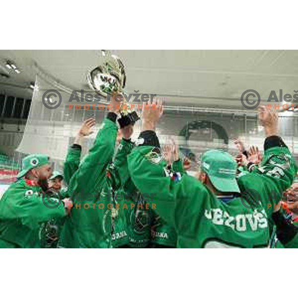 Ziga Pance and players of SZ Olimpija celebrate Slovenian National ice-hockey title in Ljubljana, Slovenia on April 5, 2022