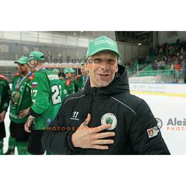 Mitja Sivic, head coach of SZ Olimpija celebrates Slovenian National ice-hockey title in Ljubljana, Slovenia on April 5, 2022