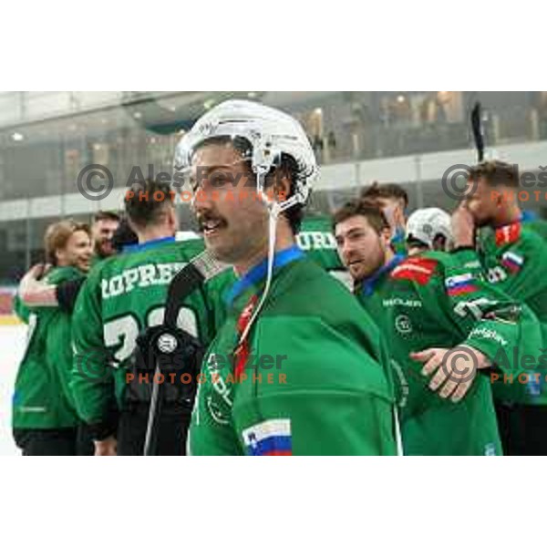 Players of SZ Olimpija celebrate Slovenian National ice-hockey title in Ljubljana, Slovenia on April 5, 2022