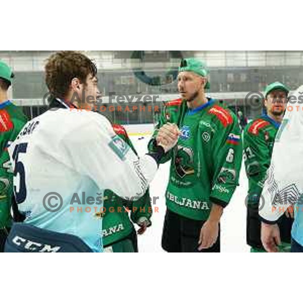 Miha Stebih and players of SZ Olimpija celebrate Slovenian National ice-hockey title in Ljubljana, Slovenia on April 5, 2022