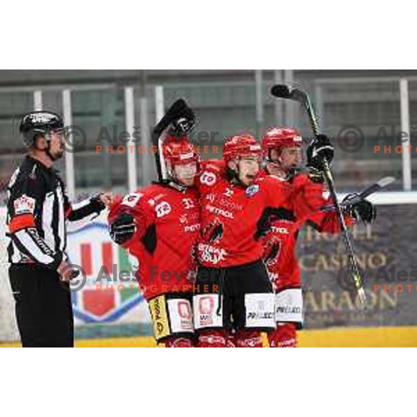 Nejc Brus and players of SIJ Acroni Jesenice celebrate goal during second game of the Final of Alps league ice-hockey match between Sij Acroni Jesenice (SLO) and Migross Asiago (ITA) in Podmezakla Hall, Jesenice on April 12, 2022