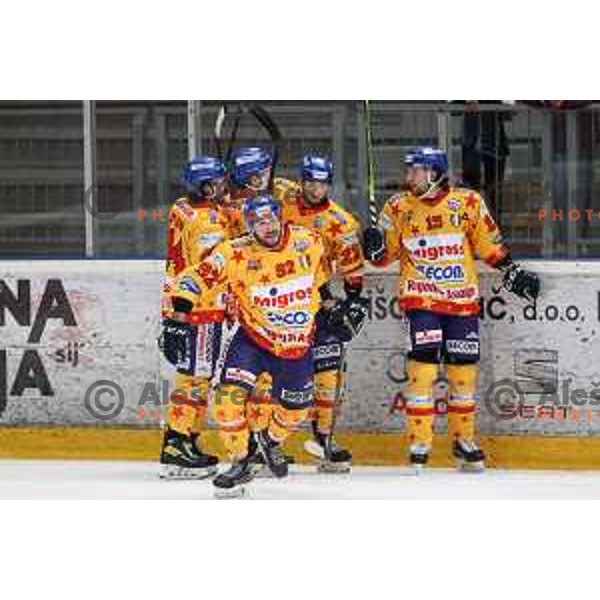 Giordano Finoro celebrates goal during second game of the Final of Alps league ice-hockey match between Sij Acroni Jesenice (SLO) and Migross Asiago (ITA) in Podmezakla Hall, Jesenice on April 12, 2022