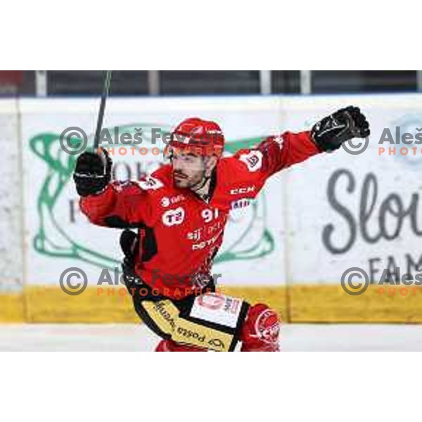 Luka Ulamec in action during second game of the Final of Alps league ice-hockey match between Sij Acroni Jesenice (SLO) and Migross Asiago (ITA) in Podmezakla Hall, Jesenice on April 12, 2022