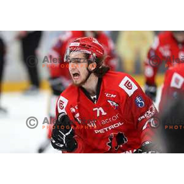 Nejc Brus celebrates goal during second game of the Final of Alps league ice-hockey match between Sij Acroni Jesenice (SLO) and Migross Asiago (ITA) in Podmezakla Hall, Jesenice on April 12, 2022