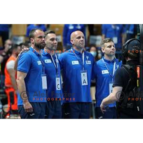 Uros Zorman, head coach of Slovenia, Luka Zvizej, Gorazd Skof during World Championship Men 2023 Qualifiers between Slovenia and Serbia in Celje, Slovenia on April 13, 2022